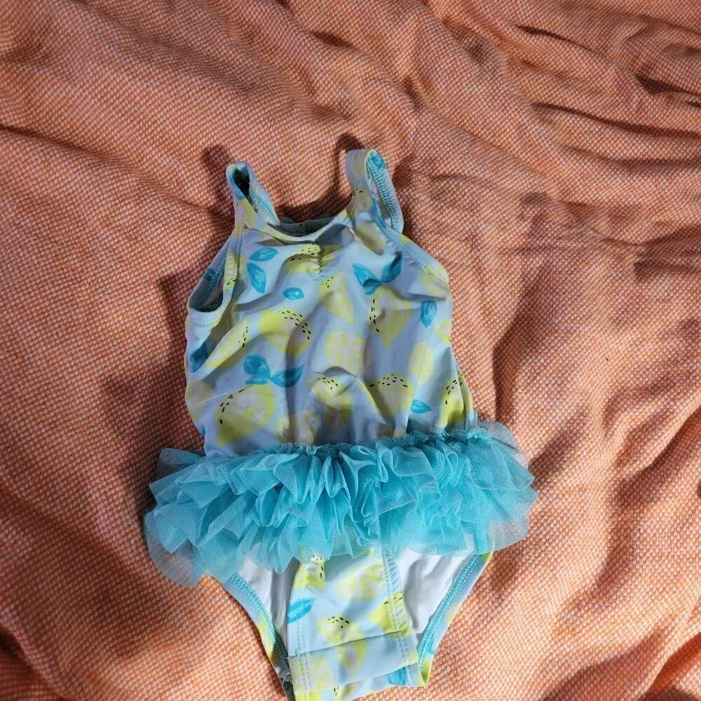 Cat & Jack One Peice Baithing Blue And Lemons Tutu Bottom Snaps Size 6-9M
